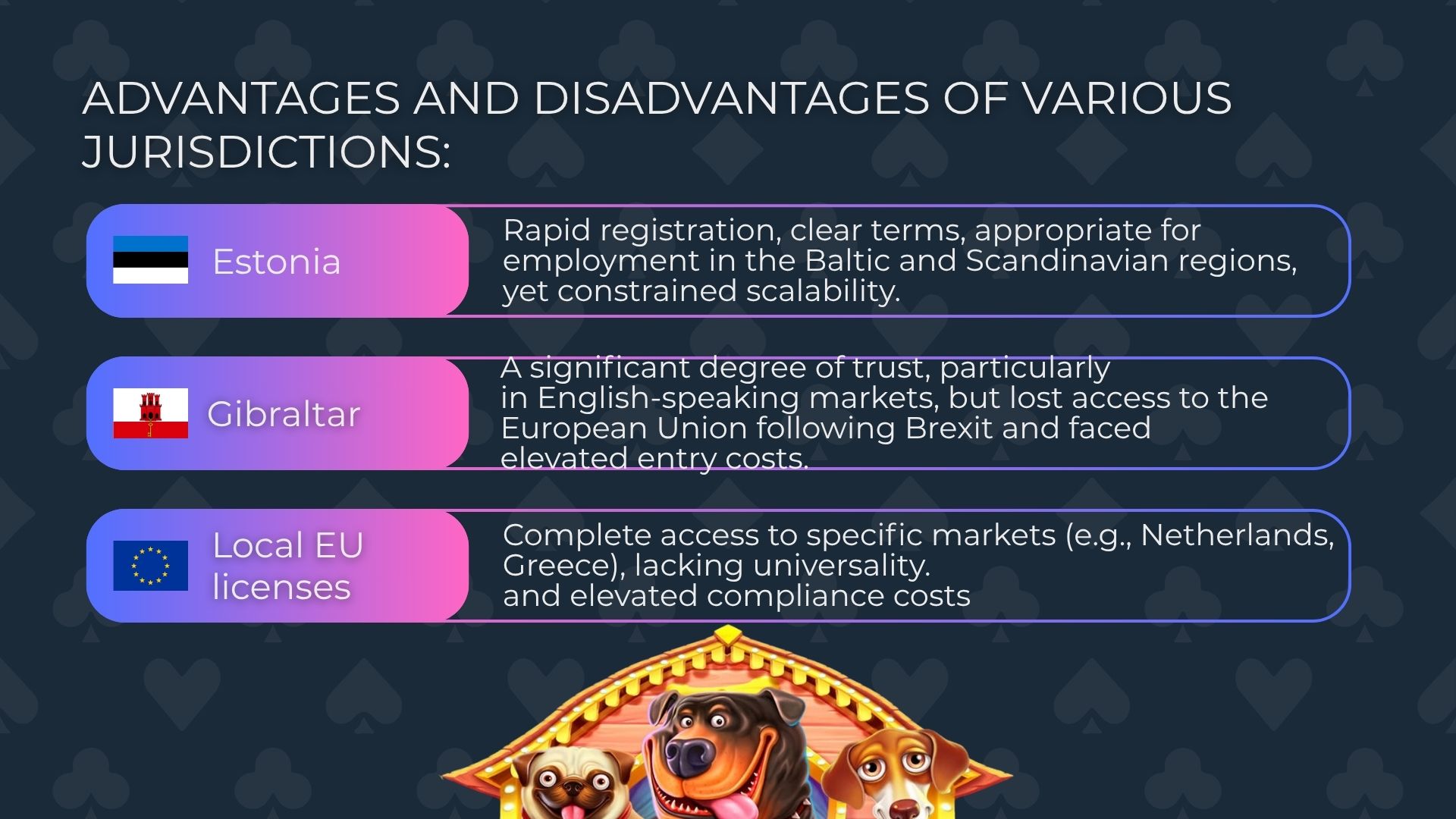Advantages and disadvantages of various jurisdictions: